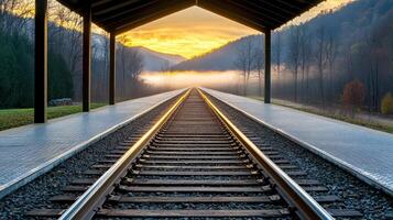tranquil rural train stop with empty tracks stretching into distance, surrounded by nature photo