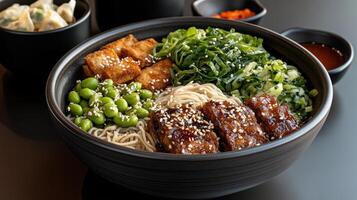Delicious ramen bowl with noodles, vegetables, and savory toppings, perfect for satisfying meal photo