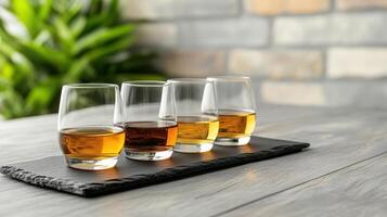 refined whiskey flight featuring different aged whiskeys slate board, evoking sense of photo