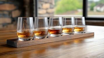 refined whiskey flight featuring different aged whiskeys elegant glasses, showcasing rich colors photo