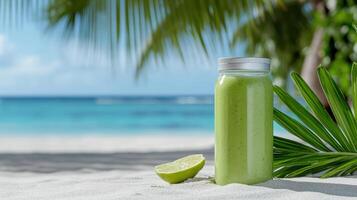 Refreshing beachside scene with chilled green smoothie and lime slice photo