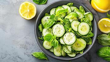 Fresh cucumber salad with spinach and lemon slices, perfect for healthy meal photo