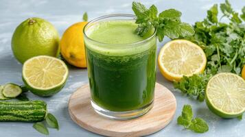 Refreshing green juice with mint and citrus fruits photo