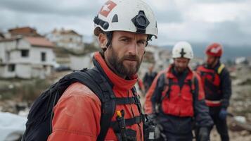 Rescue team members in red gear assess disaster area, showcasing teamwork and determination photo