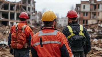 Rescue workers assess disaster site, showcasing teamwork and determination in recovery efforts photo