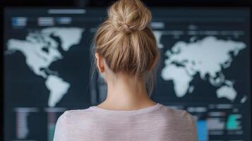 person analyzing global data on screen, showcasing modern workspace photo