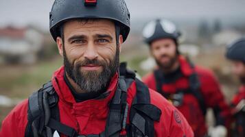 Rescue team members in red gear display teamwork and determination in challenging conditions photo