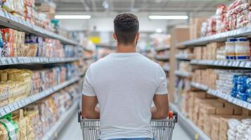Shopping man in grocery aisle with cart, surrounded by products and shelves photo
