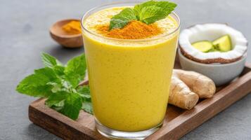 Creamy turmeric protein shake with ginger, coconut, and fresh mint for refreshing boost photo