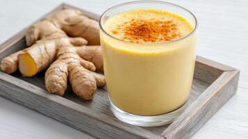 Creamy turmeric shake with ginger root, healthy and vibrant drink for wellness photo