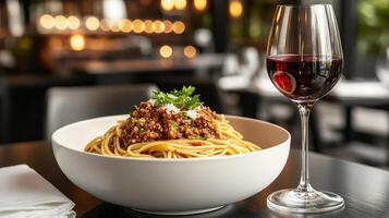 Delicious spaghetti bolognese served with red wine in cozy restaurant setting photo