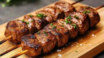 Perfectly grilled kebabs on wooden board, garnished with herbs, evoke delicious feast photo