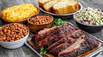 Delicious barbecue spread featuring slow cooked brisket, baked beans, cornbread, and coleslaw photo