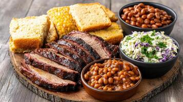 Savor delicious barbecue spread featuring slow cooked brisket, baked beans, and cornbread photo