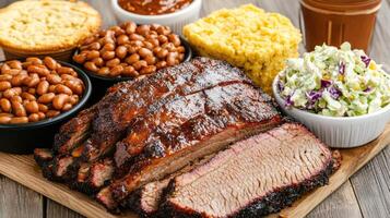 Delicious barbecue platter featuring slow cooked brisket, baked beans, cornbread, and coleslaw photo