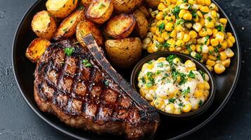 Grilled steak served with roasted potatoes, corn salad, and creamy sauce creates delicious meal photo