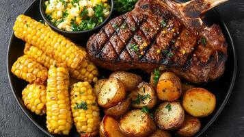 delicious rustic dinner featuring tomahawk steak, roasted potatoes, and corn cob, perfect for photo