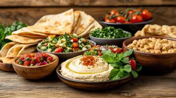 rustic family style meal featuring Mediterranean platter with hummus, tabbouleh, and pita bread photo