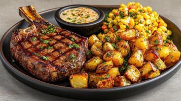 delicious rustic dinner featuring tomahawk steak, roasted potatoes, and vibrant corn salad photo