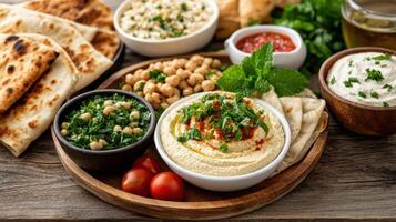 vibrant Mediterranean platter featuring hummus, chickpeas, and fresh herbs, perfect for sharing photo