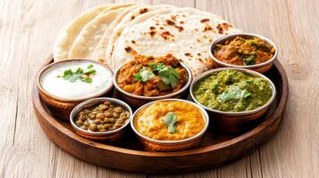 Delicious Indian thali platter featuring various curries, flatbreads, and yogurt photo