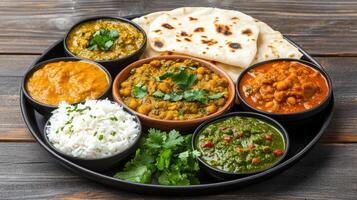 Delicious Indian thali platter featuring various curries, rice, and flatbreads, perfect for photo