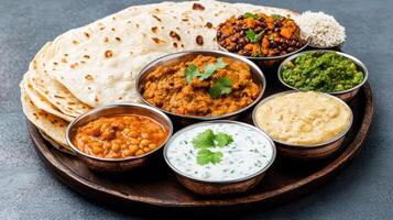 Delicious Indian thali platter featuring various curries, breads, and sides photo
