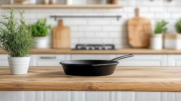 rustic kitchen scene featuring well seasoned cast iron skillet wooden table, surrounded by photo