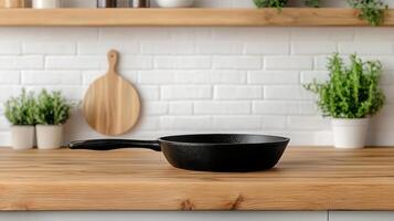 rustic kitchen scene featuring well seasoned cast iron skillet wooden countertop, surrounded by photo