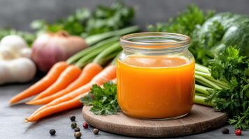 Fresh juice in jar surrounded by vibrant vegetables like carrots, garlic, and herbs photo