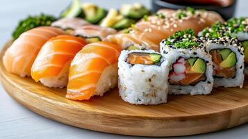 Delicious sushi platter featuring fresh fish and vibrant vegetables, perfect for sharing photo
