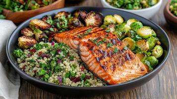 Grilled salmon served with quinoa, Brussels sprouts, and kale salad creates healthy meal photo