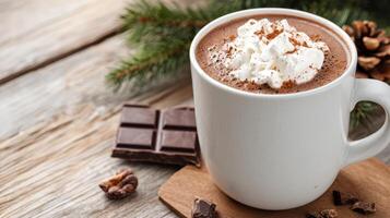 Rich hot chocolate topped with whipped cream and chocolate pieces, perfect for cozy moments photo