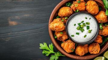 Golden fried okra served with creamy dipping sauce, garnished with herbs photo