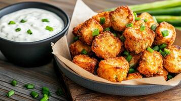 Crispy golden fried okra served with creamy dipping sauce, perfect for sharing photo