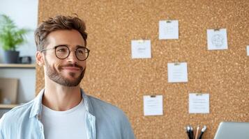 confident man with glasses smiles in modern office space, surrounded by creative notes photo