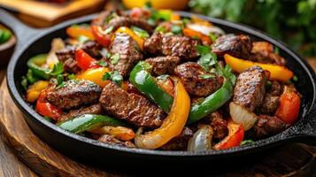 Sizzling fajitas with colorful peppers and tender beef create mouthwatering dish photo