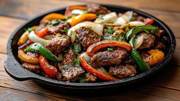 Sizzling fajitas with colorful peppers and onions create delicious and vibrant dish photo