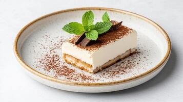 Creamy tiramisu dessert on plate, garnished with mint leaves and chocolate photo