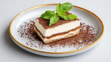 delicious slice of tiramisu garnished with fresh mint leaves on decorative plate photo