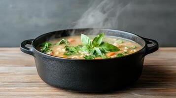 steaming vegetable broth cast iron pot, garnished with fresh herbs, evokes warmth and comfort photo