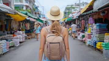 Exploring vibrant market, traveler with backpack enjoys lively atmosphere photo