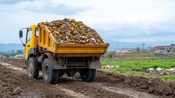yellow dump truck loaded with waste drives through muddy landscape, showcasing waste management photo