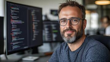 focused professional working in modern office, surrounded by computer screens displaying code photo