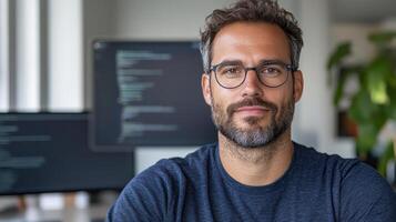 focused professional with glasses, working modern office environment, surrounded by technology photo