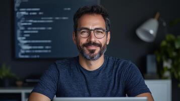 smiling man with glasses working laptop modern workspace, surrounded by plants and dark photo