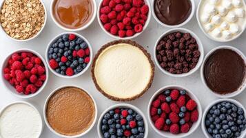 delightful cheesecake buffet featuring various toppings like berries, sauces, and whipped cream photo