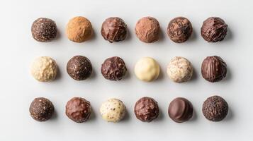 Artisanal chocolate truffles arranged in neat grid, showcasing various flavors and textures photo