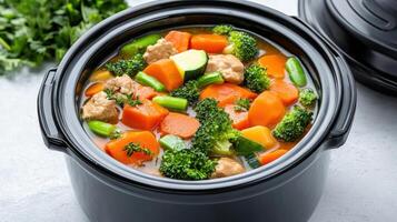 colorful slow cooker filled with simmering vegetables and meat, creating warm and inviting meal photo