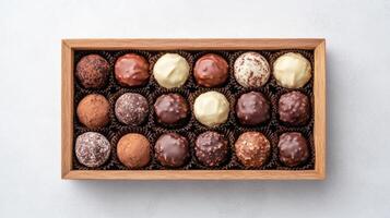 Artisanal chocolate truffles arranged in wooden box, showcasing various flavors and textures photo
